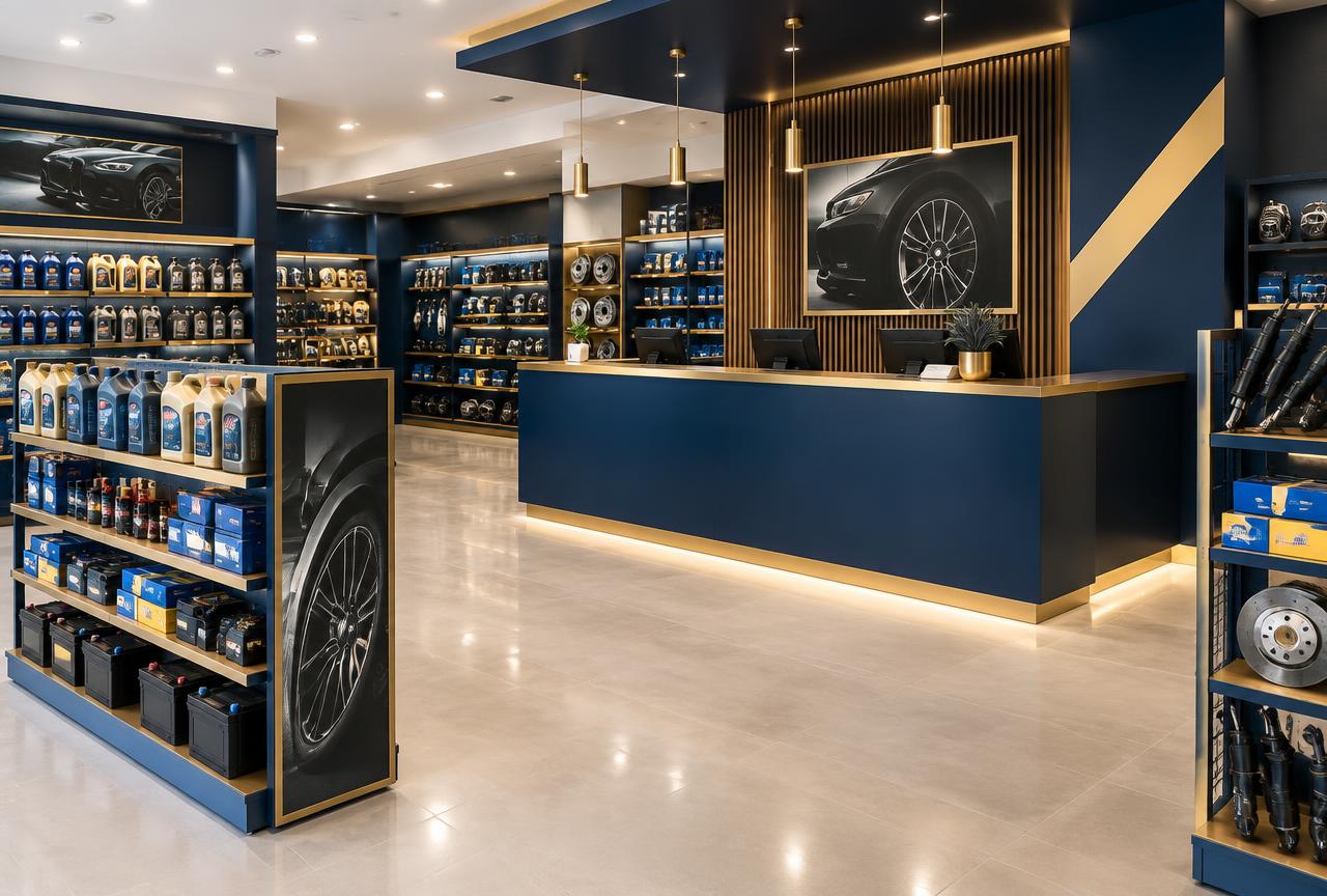 Interior of an HM International spare parts retail outlet with navy and gold display racks