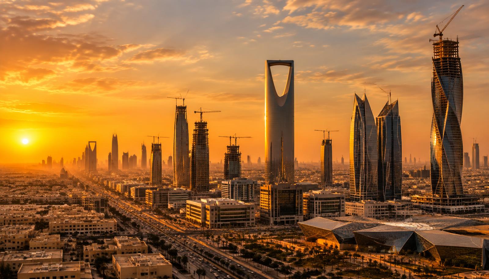 Riyadh skyline at golden hour with construction cranes marking Vision 2030 expansion