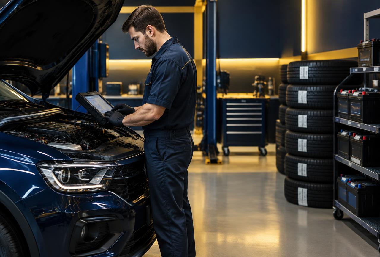 HM Workshop technician running diagnostics beside stocked tires and batteries
